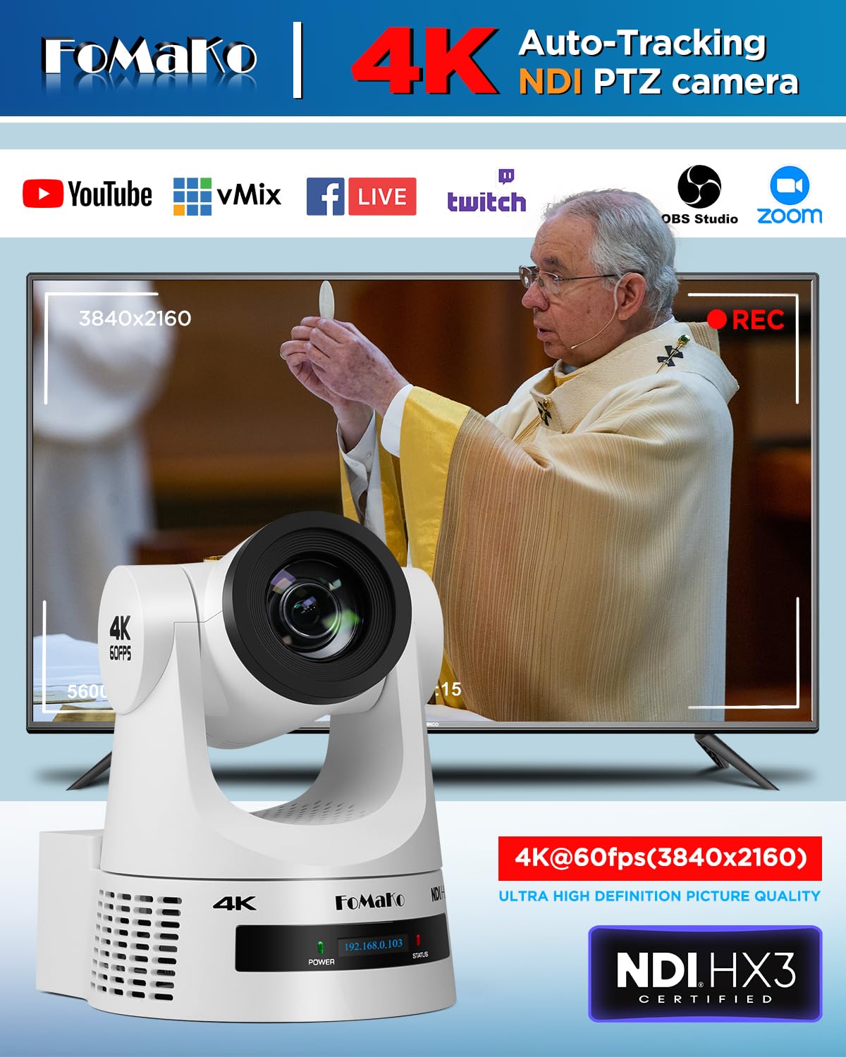 Amazon.com : FoMaKo K600NW 4K 60fps NDI PTZ Camera, NDI|HX3 4K